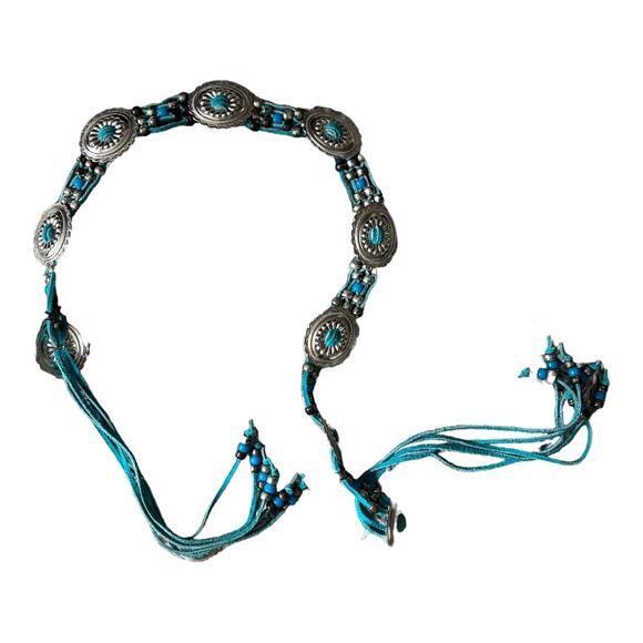 Vintage Turquoise Silver Concho Boho Belt Beaded Art Jewelry Necklace Southwest - Picture 1 of 15